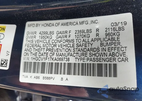 2019 Honda Accord Lx from USA, damaged, VIN 1HGCV1F17KA069738